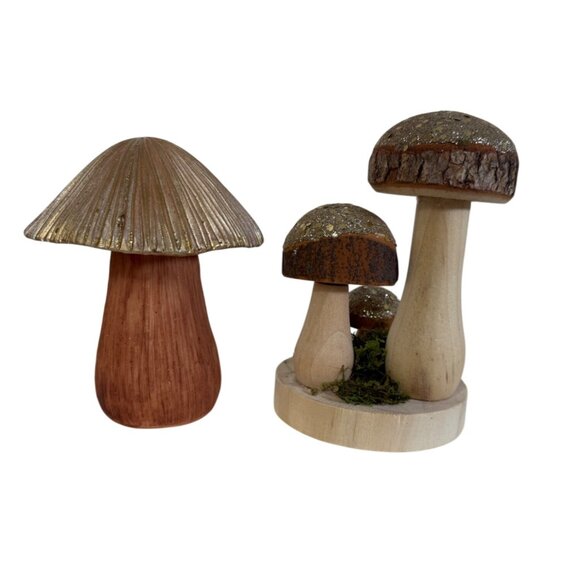Retro Style Mushroom Figurine Set Golden Glitter Cap Fairy Garden Wood Resin - Picture 2 of 14